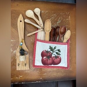 Antique Wooden Kitchen Utensil Set with Tomato Design Holder